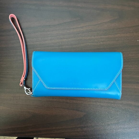 Lodis Audrey Blue & Coral Leather Wristlet Phone Wallet Detachable Strap New - Picture 2 of 7